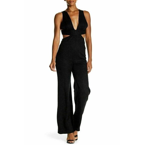 WILDFOX Womens Black Solid Lyocell V Neck Cutout Jumpsuit Size S - Picture 1 of 11